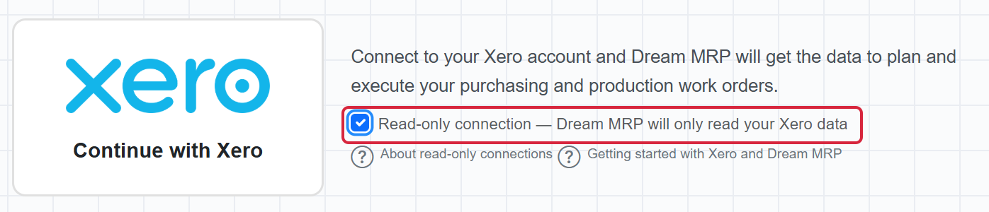 The Dream MRP sign-up page with the Read-only connection checkbox ticked and highlighted