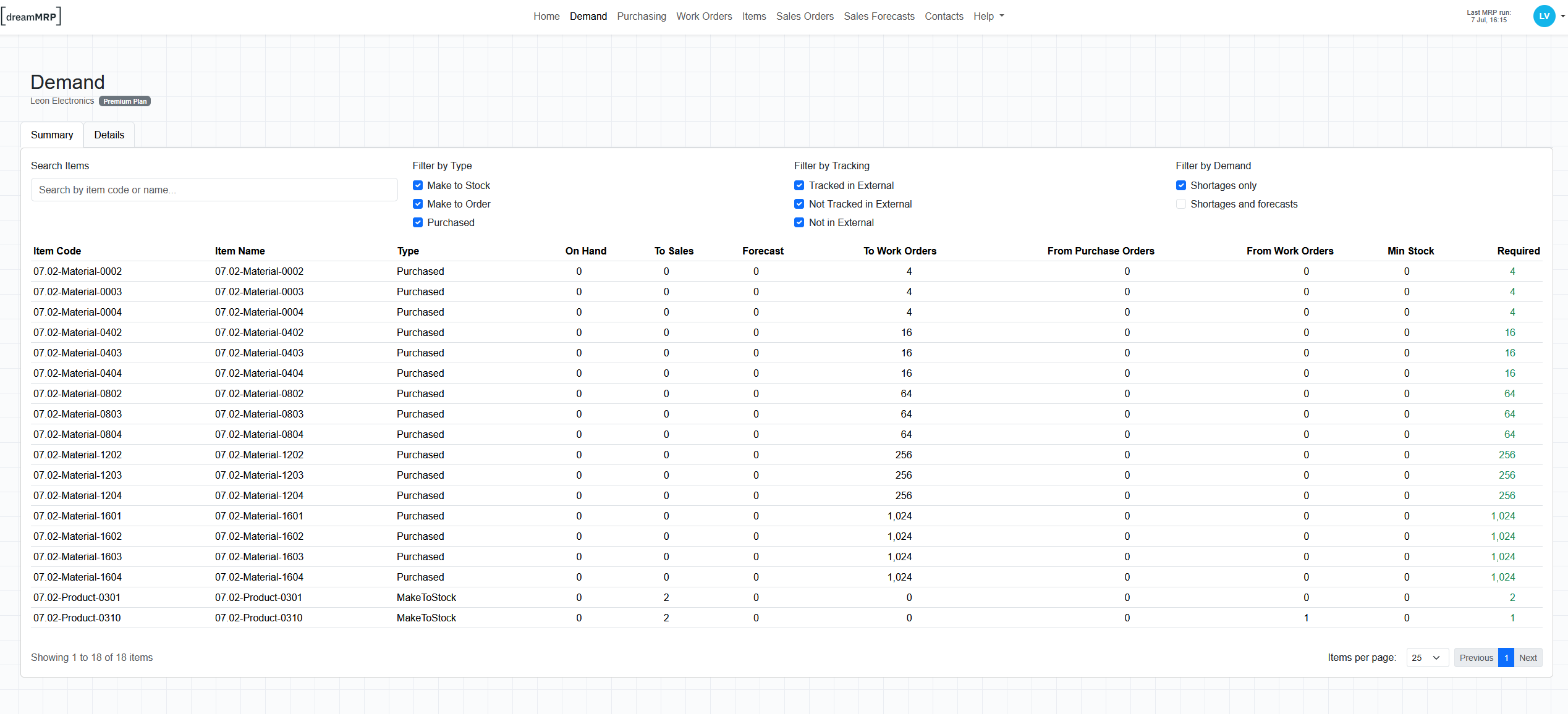 Dream MRP Demand screen