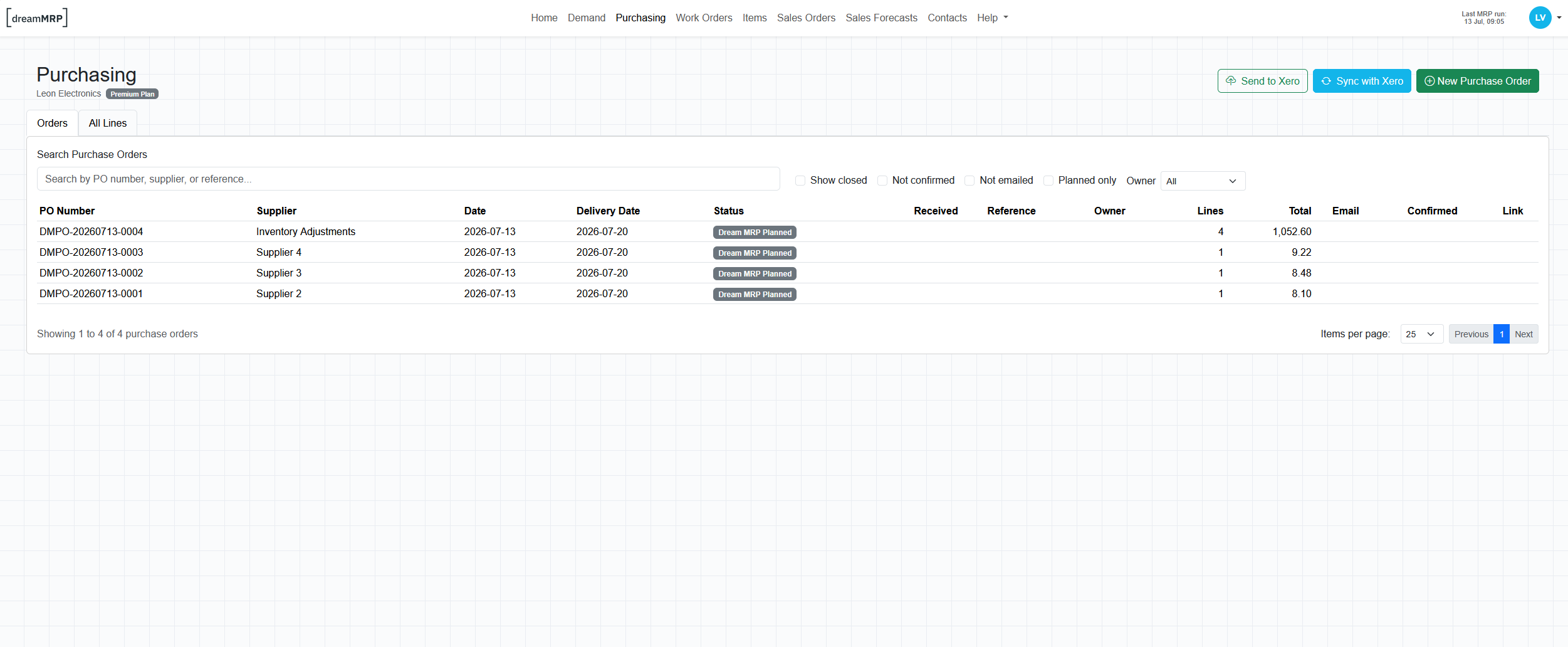 Dream MRP Purchasing screen