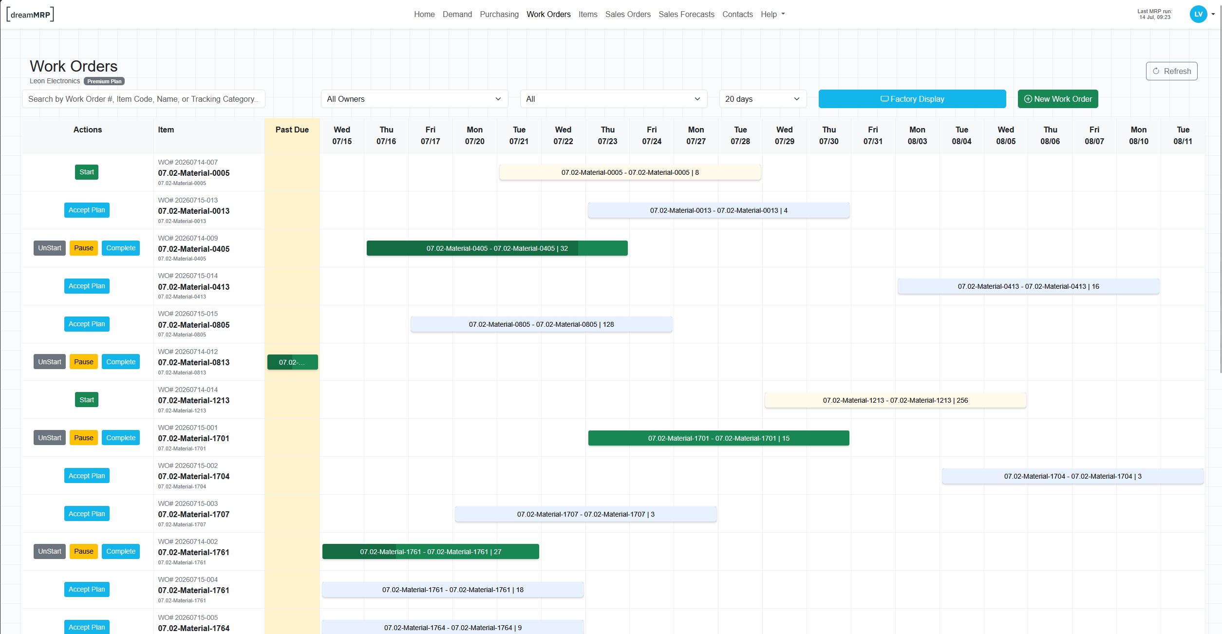 Dream MRP Work Orders screen
